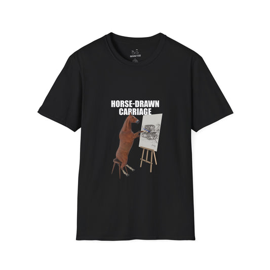 T-shirt featuring a derpy horse head mask mid-neigh, wide-eyed, “Ketamine?” in colorful handwritten letters above, and “never heard of it” on a black rectangle on its neck.