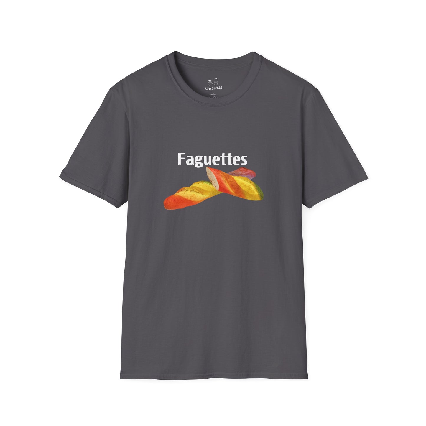 Funny rainbow baguette graphic on a unisex t-shirt featuring the parody design “Faguettes” with colorful pride-inspired artwork.