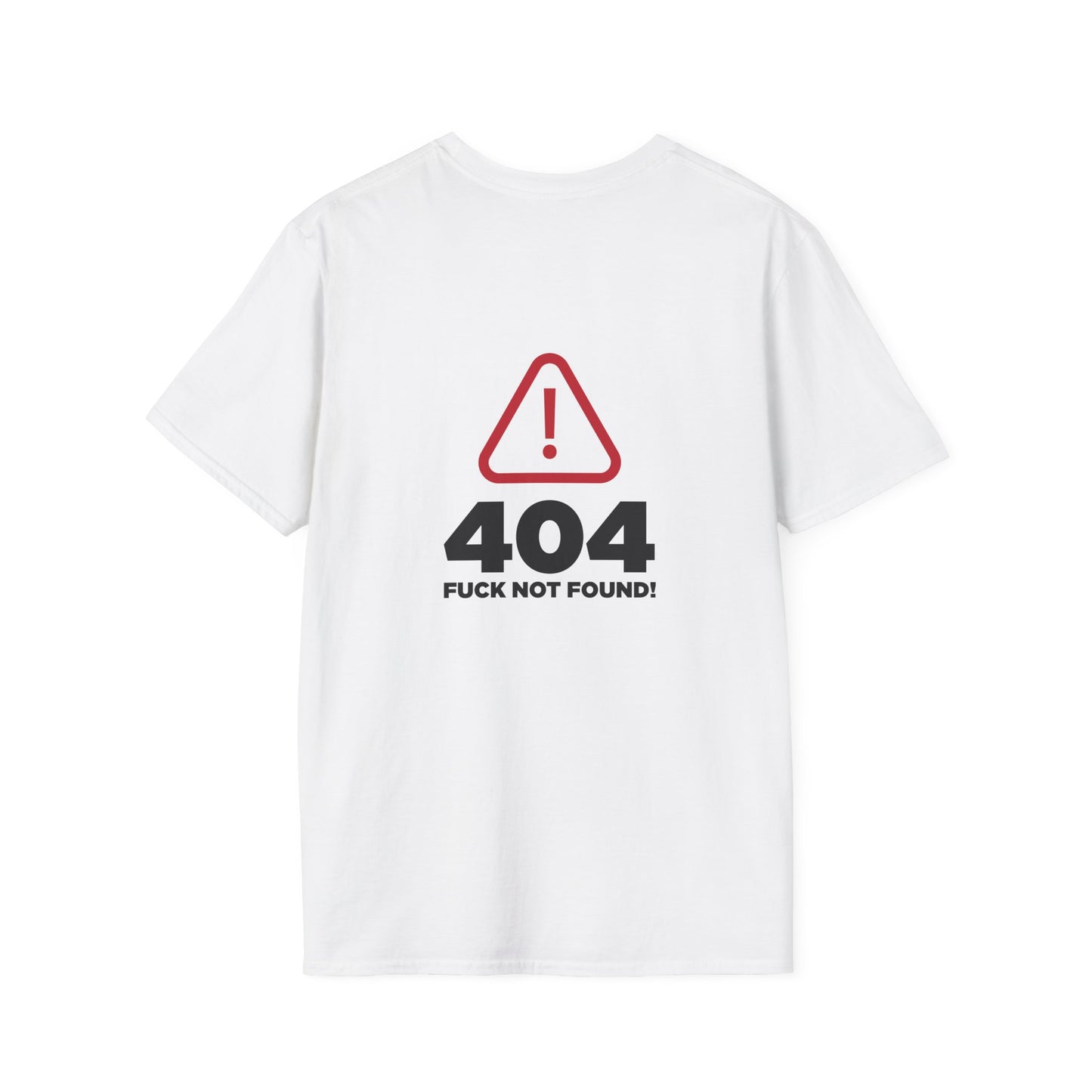 back print t-shirt with a digital "404 Error" window graphic stating "Error: No Fucks Found" in a computer system font.