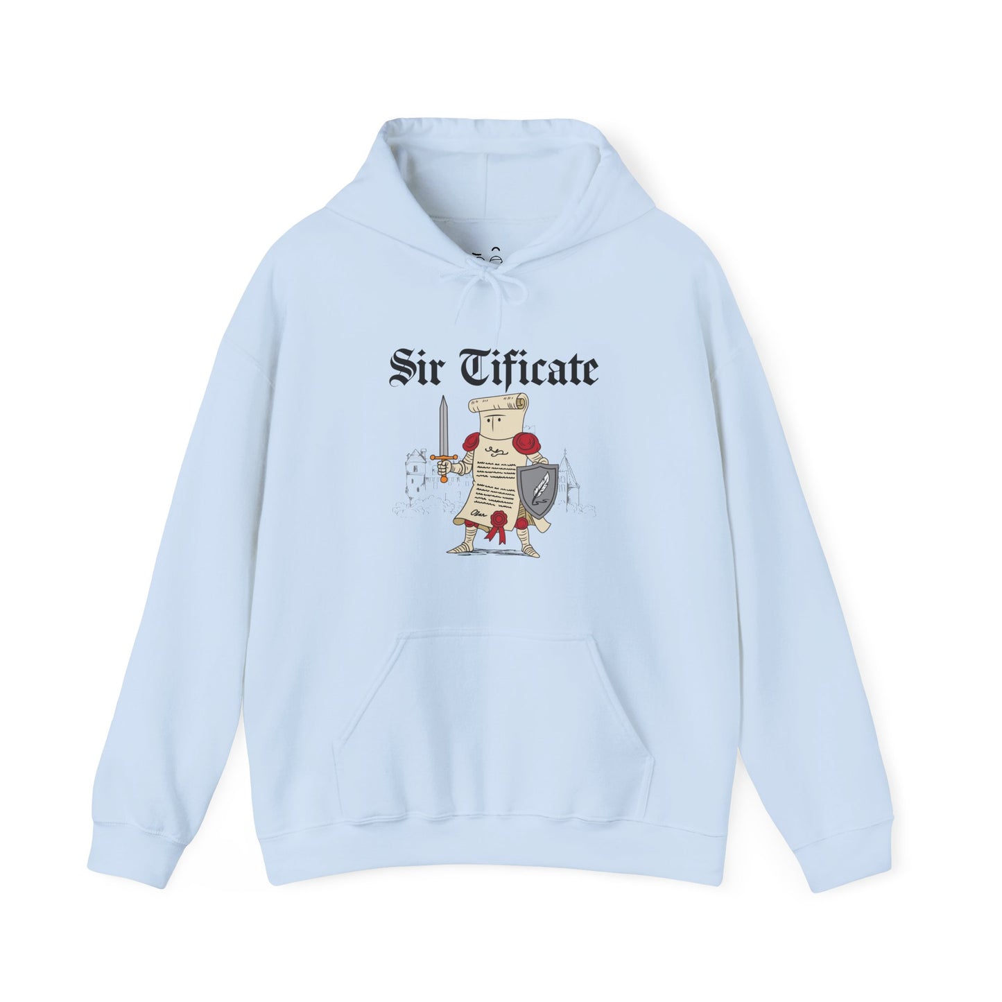 Sir Tificate hoodie design featuring a certificate dressed as a medieval knight