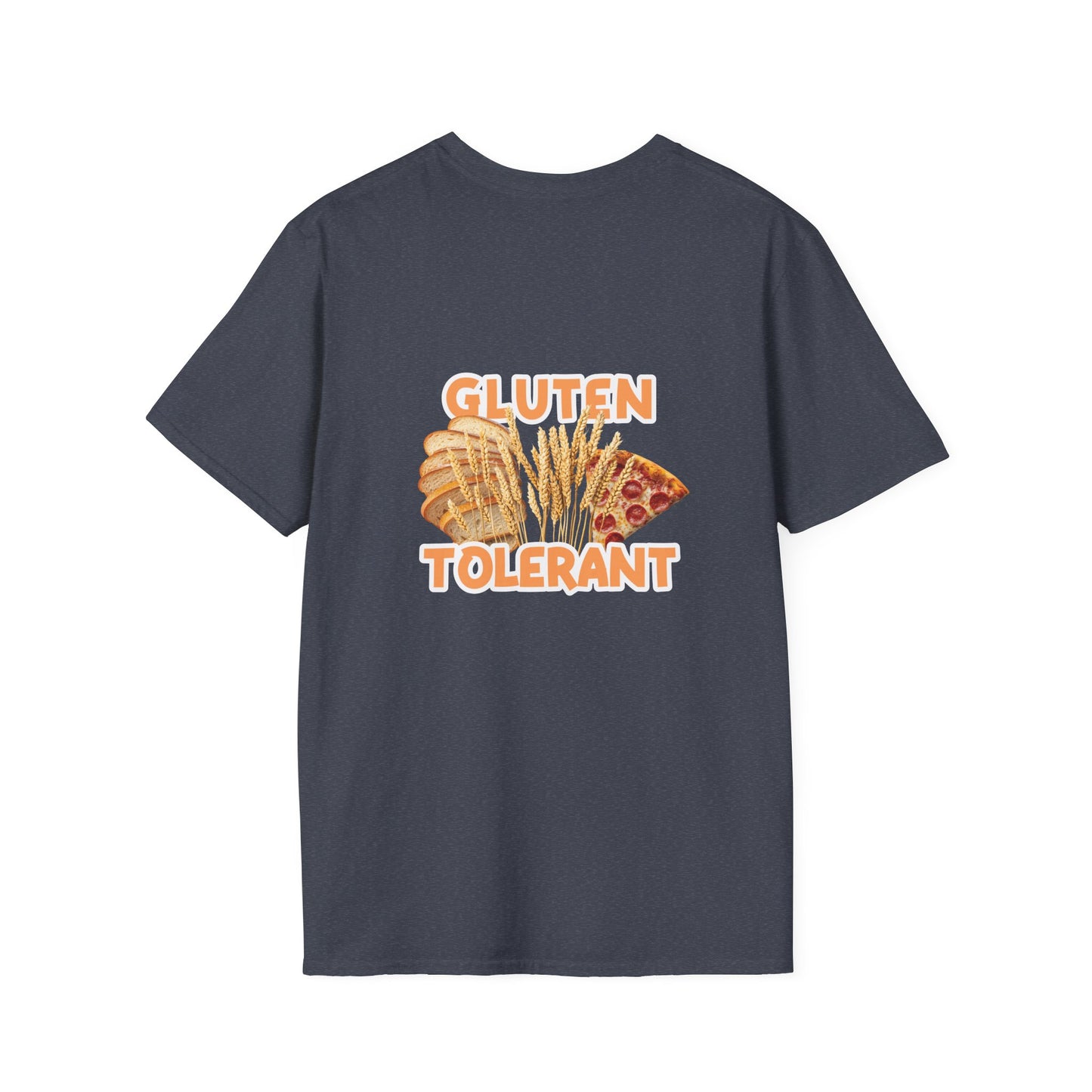 Gluten Tolerant t-shirt featuring wheat, bread, and pizza illustration