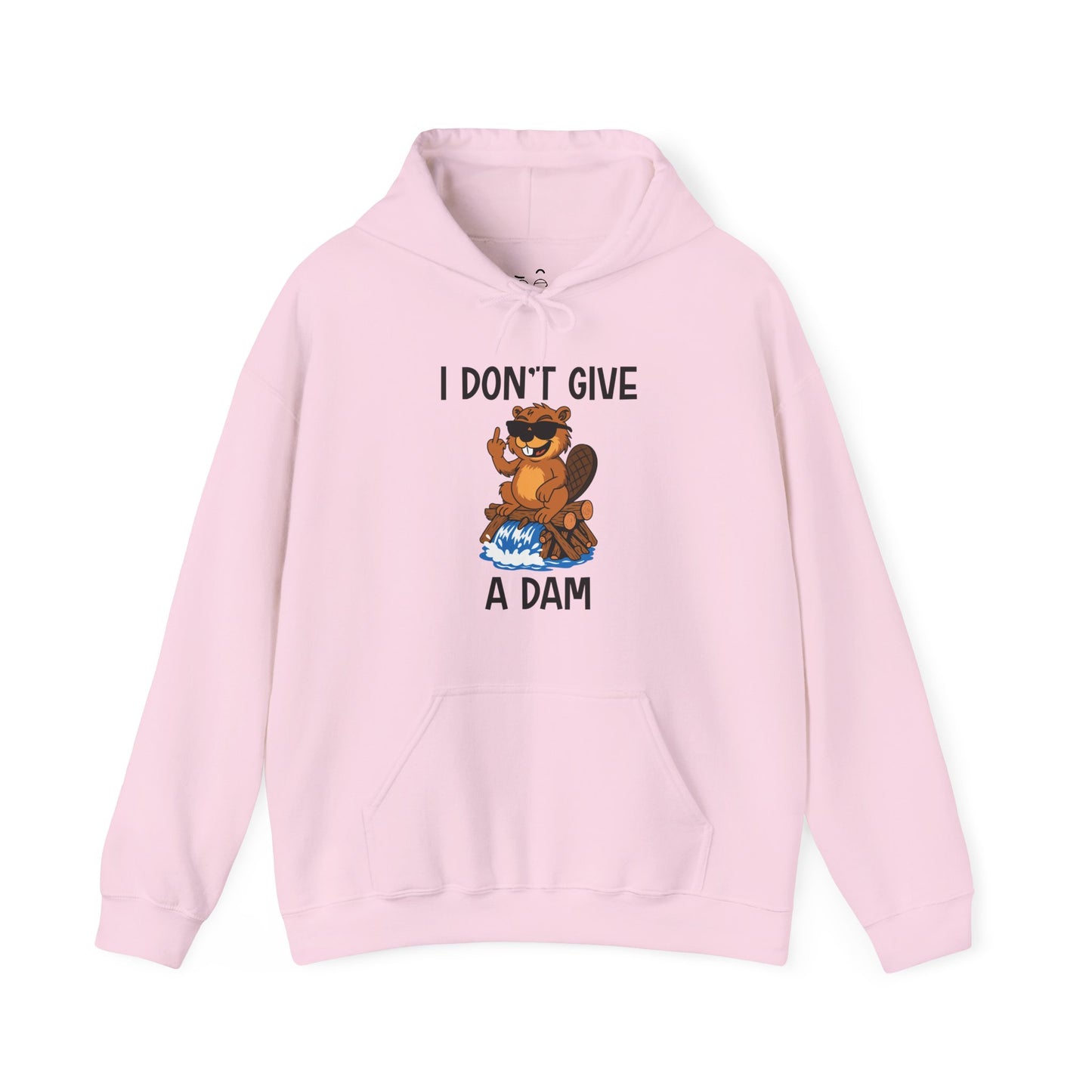 I Don’t Give a Dam hoodie graphic featuring a beaver sitting on a dam and giving the middle finger