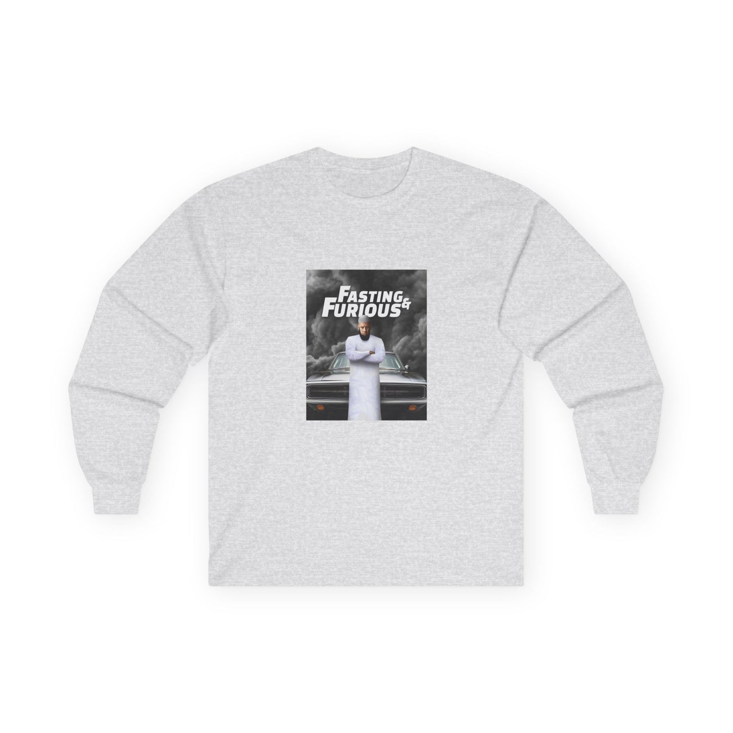 Fast and Furious parody long sleeve shirt design featuring Vin Diesel wearing traditional Muslim clothing and a long jihadist-style beard, titled “Fasting and Furious.”