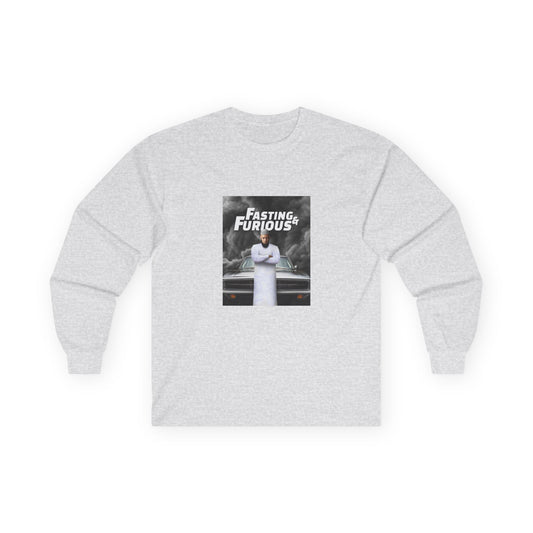 Fast and Furious parody long sleeve shirt design featuring Vin Diesel wearing traditional Muslim clothing and a long jihadist-style beard, titled “Fasting and Furious.”