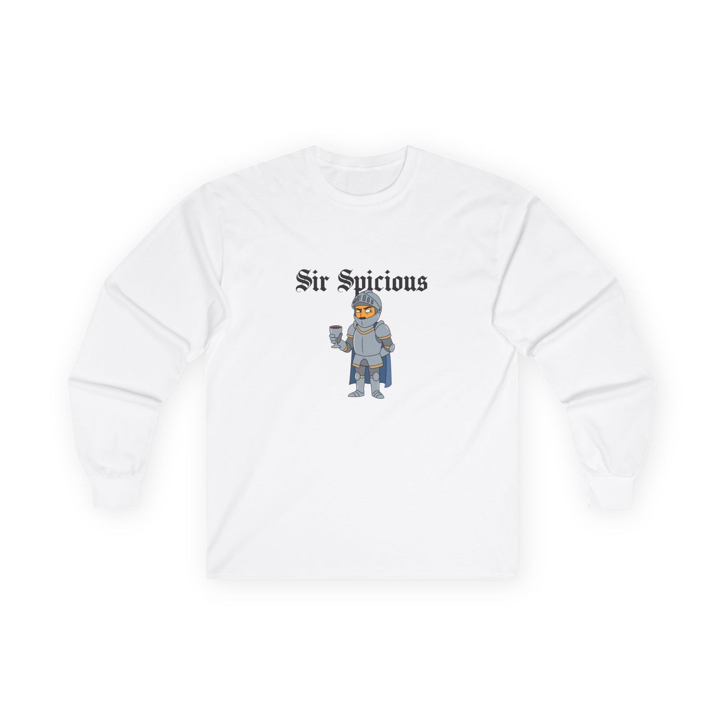 Sir Spicious funny suspicious knight graphic on a white long sleeve shirt