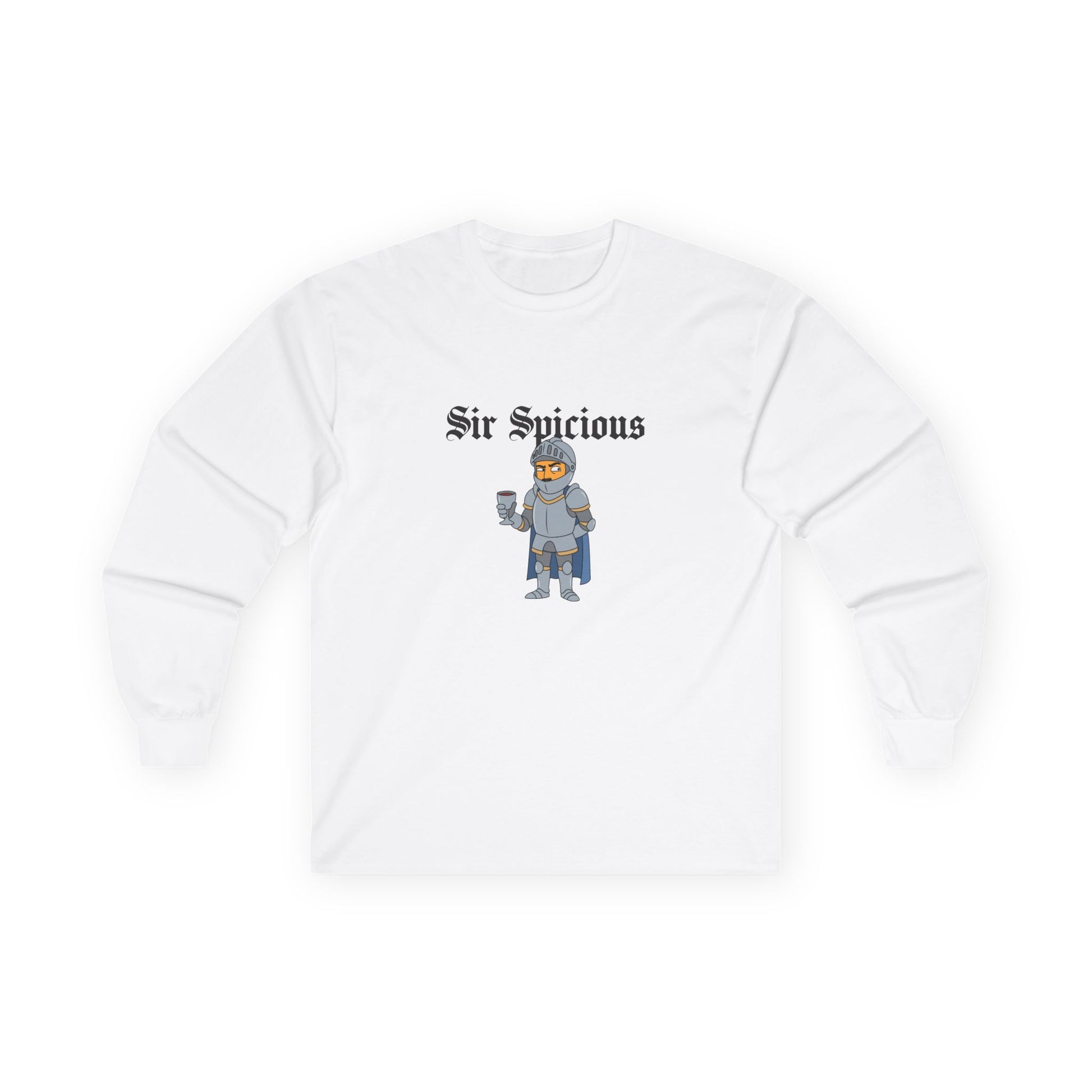 Sir Spicious funny suspicious knight graphic on a white long sleeve shirt