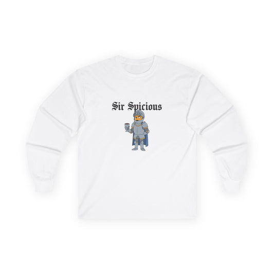 Sir Spicious funny suspicious knight graphic on a white long sleeve shirt