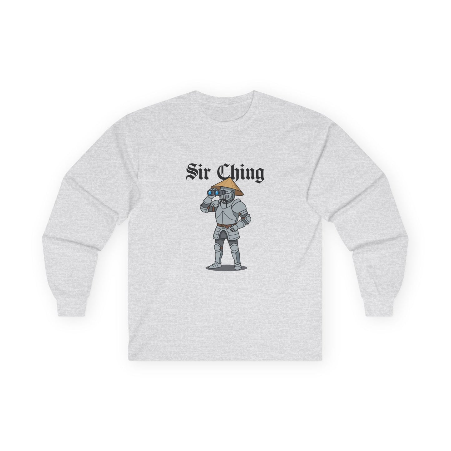 Sir Ching funny knight graphic shirt showing a goofy Asian-inspired medieval knight in shining armor searching with binoculars, wearing a cone hat and buck teeth.