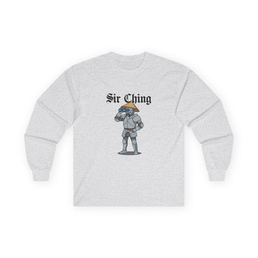 Sir Ching funny knight graphic shirt showing a goofy Asian-inspired medieval knight in shining armor searching with binoculars, wearing a cone hat and buck teeth.