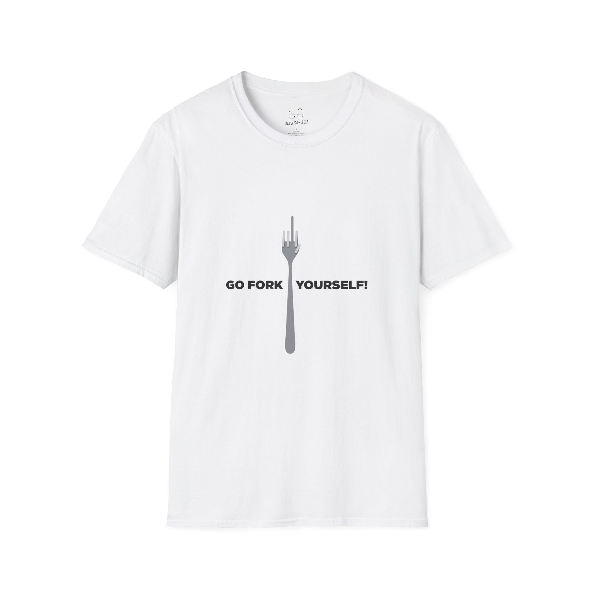 White t-shirt with a graphic of a dinner fork where the middle tine is raised to resemble a middle finger gesture.