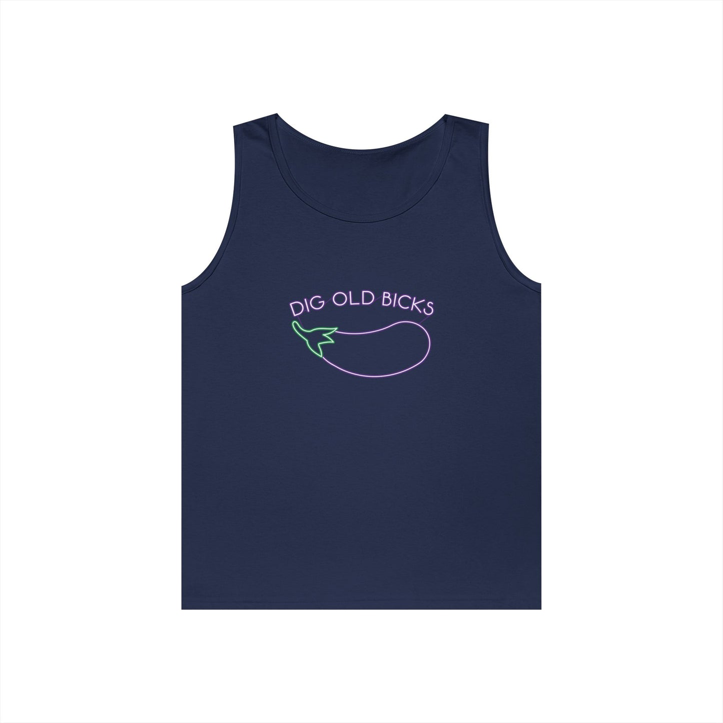 neon sign eggplant dig ol bicks parody funny tank top design