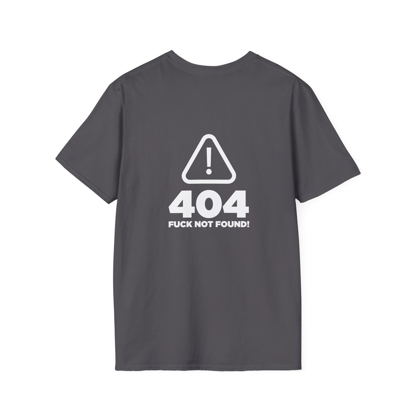 back print t-shirt with a digital "404 Error" window graphic stating "Error: No Fucks Found" in a computer system font.