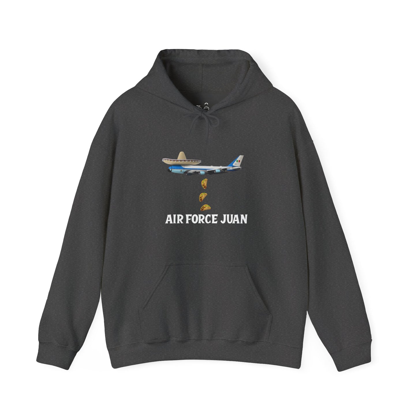 Air Force Juan parody hoodie featuring a presidential airplane with sombrero and tacos