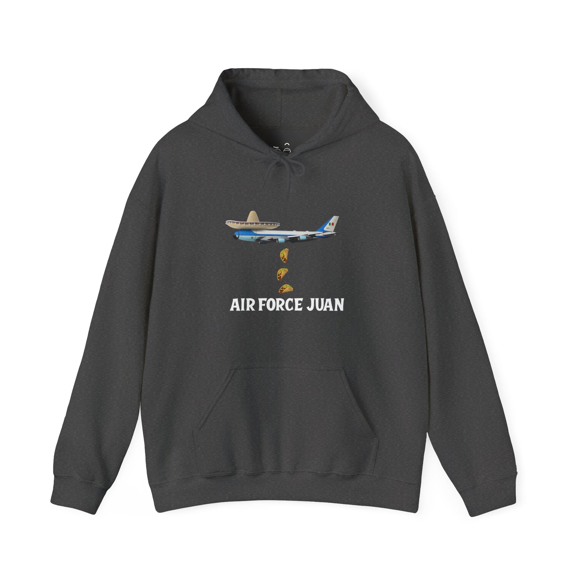 Air Force Juan parody hoodie featuring a presidential airplane with sombrero and tacos