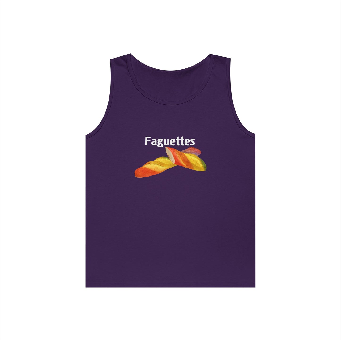 Sleeveless tank top featuring a colorful rainbow baguette parody graphic called “Faguettes” with bold pride-inspired colors.