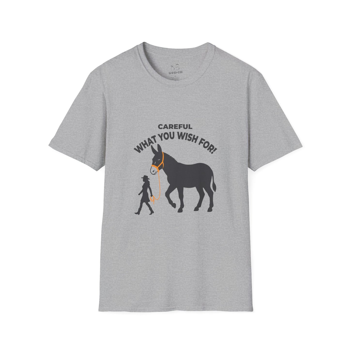 Funny Big Ass t-shirt featuring a woman walking a giant donkey on a leash with the phrase Careful What You Wish For