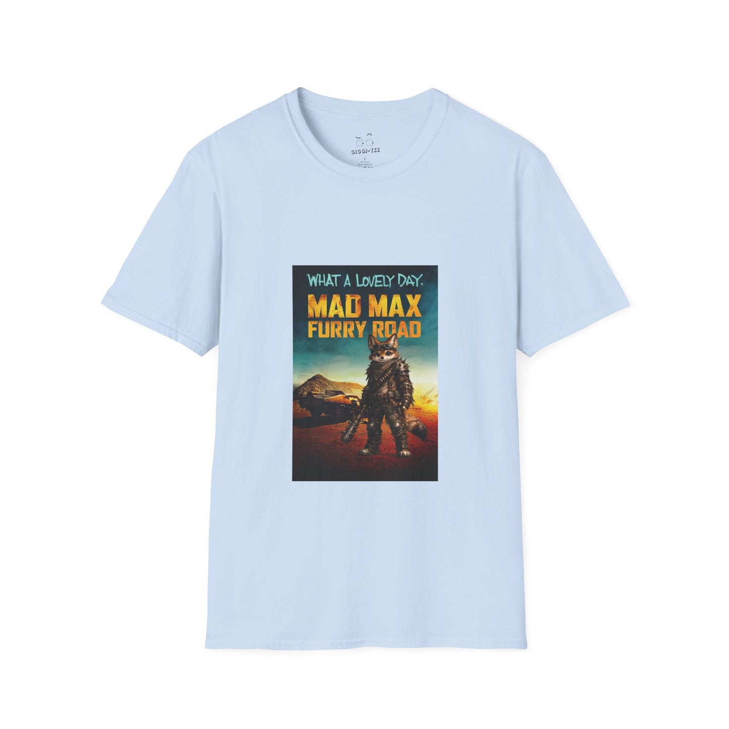 Mad Max Furry Road t-shirt design parody featuring a furry character on a post-apocalyptic movie poster style graphic.