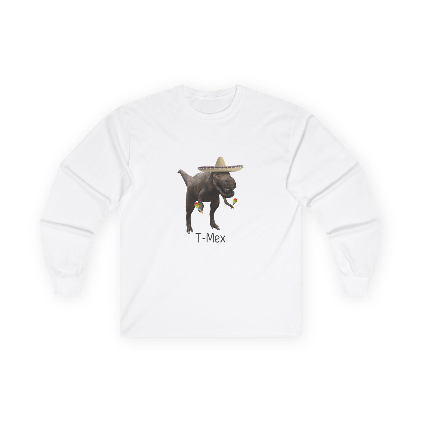 T-Mex dinosaur pun design on a long sleeve shirt featuring a festive T-Rex with a sombrero and maracas.