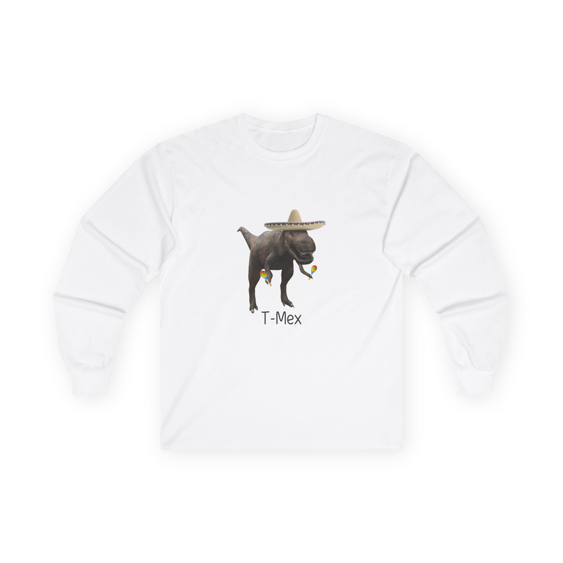 T-Mex dinosaur pun design on a long sleeve shirt featuring a festive T-Rex with a sombrero and maracas.