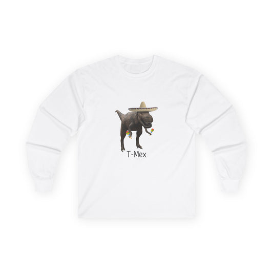 T-Mex dinosaur pun design on a long sleeve shirt featuring a festive T-Rex with a sombrero and maracas.
