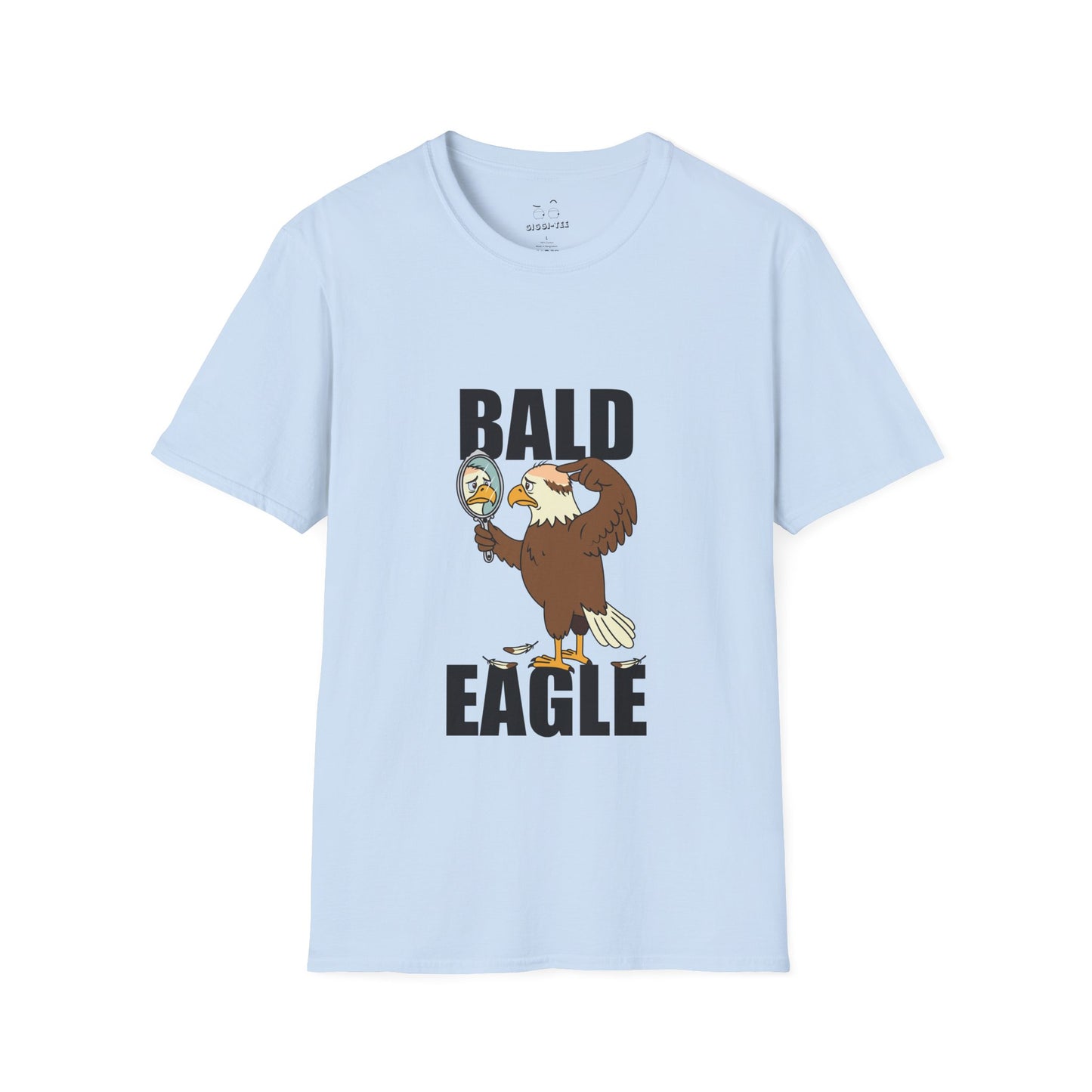 Bald Eagle t-shirt design with a sad eagle showing a bald spot, holding a mirror, and looking disappointed.