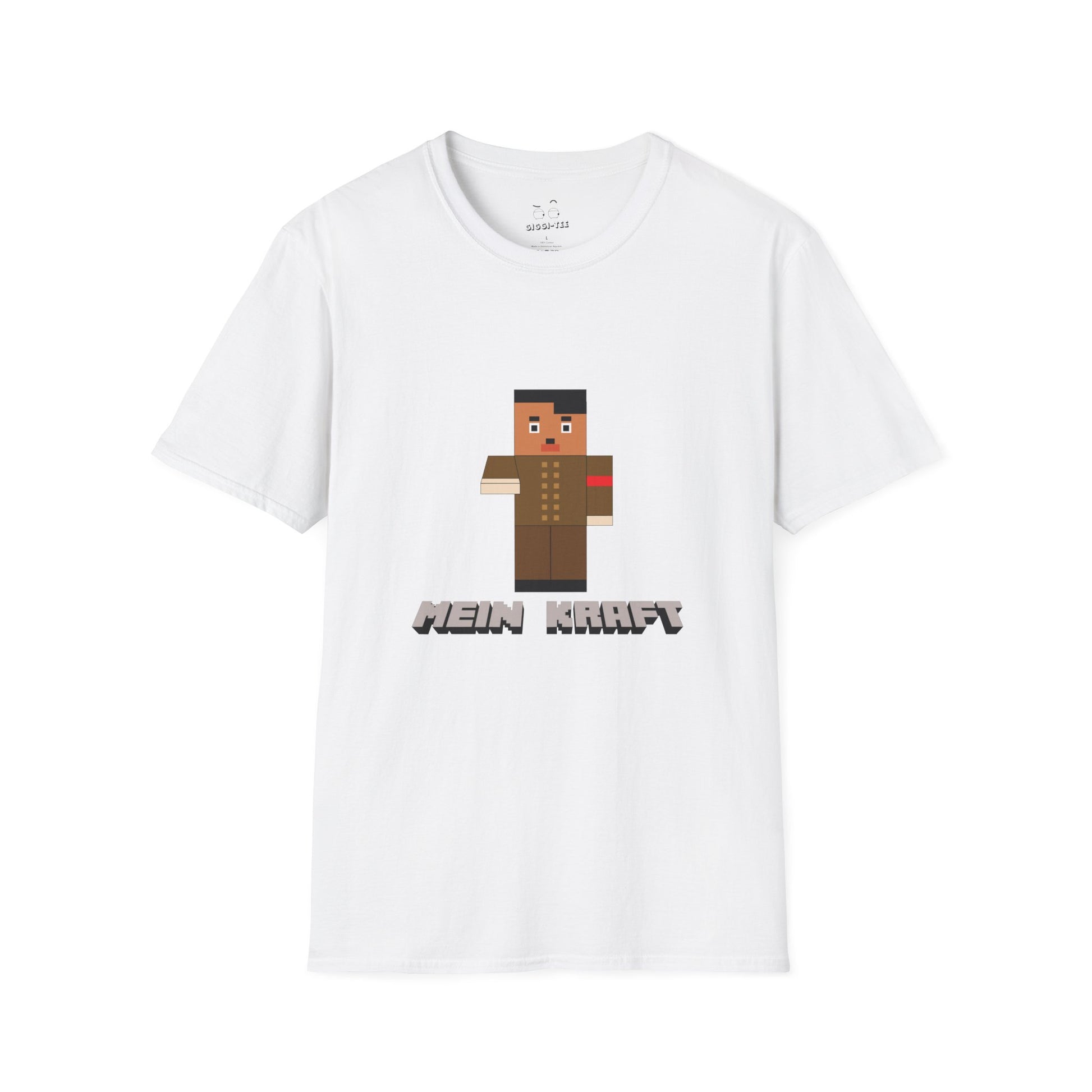 T-shirt featuring a blocky Minecraft-style character dressed in a dictator’s uniform with a toothbrush mustache.