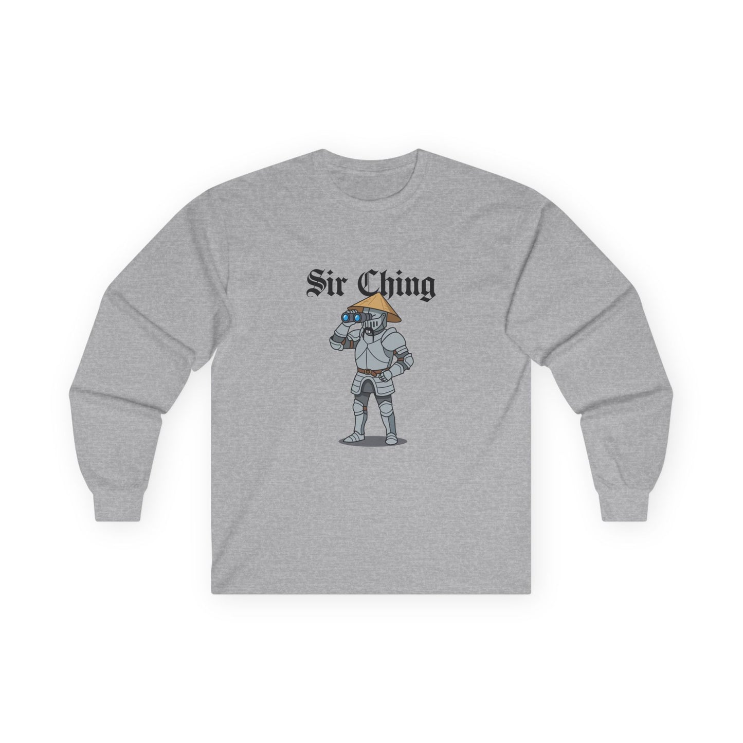 Sir Ching funny knight graphic shirt showing a goofy Asian-inspired medieval knight in shining armor searching with binoculars, wearing a cone hat and buck teeth.