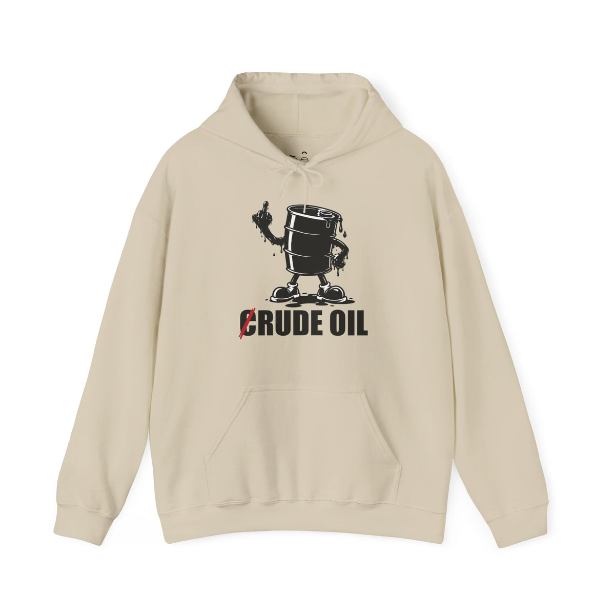 Graphic hoodie featuring a Rude Oil illustration of an oil barrel giving the middle finger with an oil-shaped hand, alongside the crossed-out C in Crude Oil.