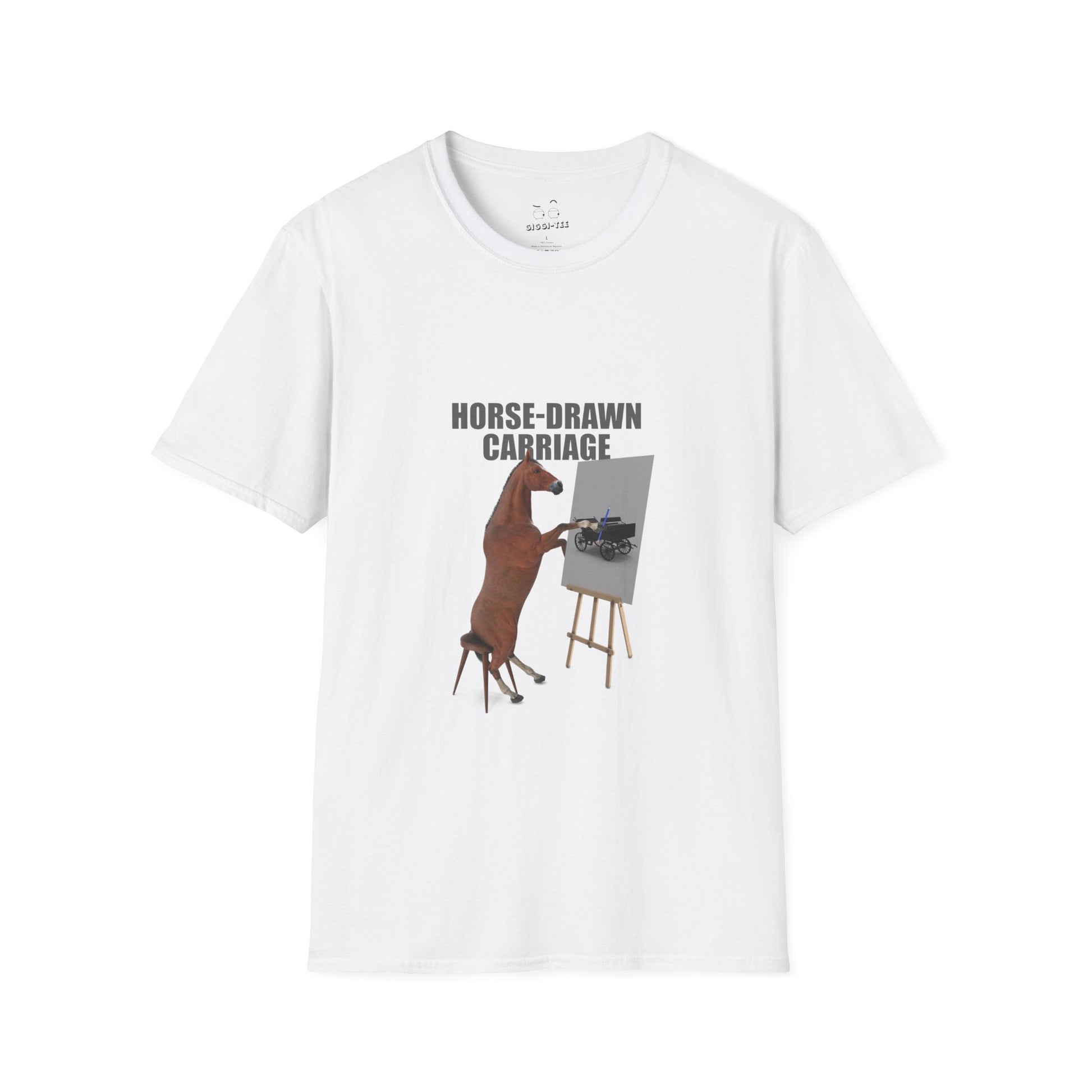 shirt with horse painting a carriage on canvas, visual pun design.