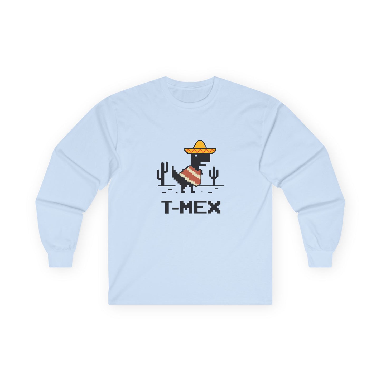 T-Mex Mexican T-Rex wearing sombrero and poncho 8-bit pixel art long sleeve shirt