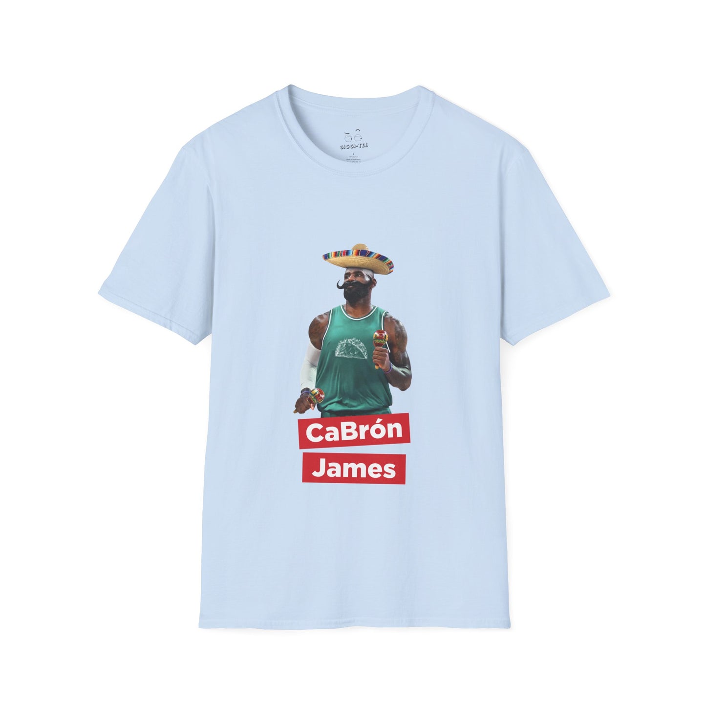 CaBron James parody illustration of LeBron James wearing a sombrero, giant Mexican-style mustache, holding maracas, and wearing a taco-themed basketball jersey.