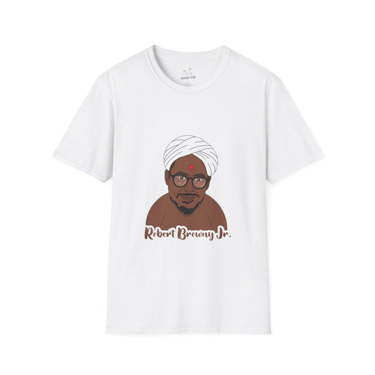 Parody shirt design featuring a comic illustration of Robert Downey Jr. as an Indian man wearing a white turban and bindi, with the text 'Robert Browny Jr.' underneath.