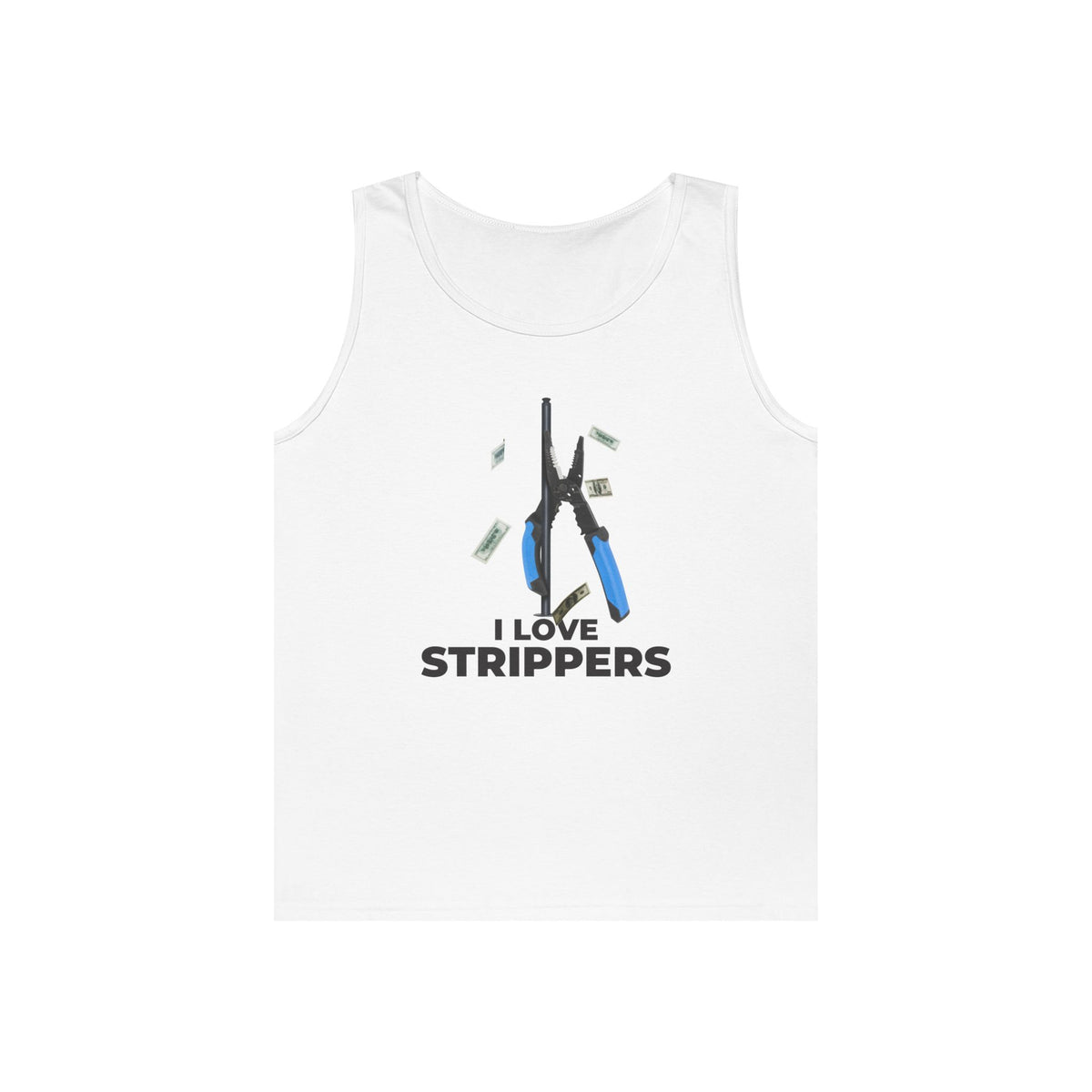 I Love Strippers tank top featuring a wire stripper dancing on a pole with flying dollar bills, funny electrician pun graphic.