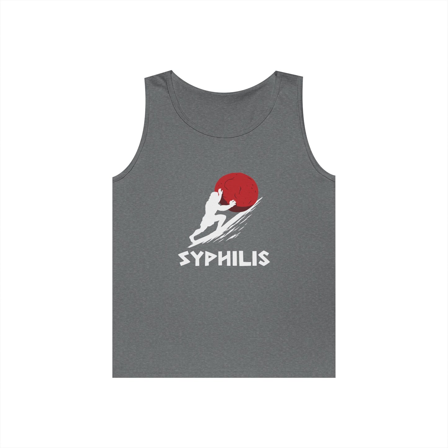 sisyphus pushing red sore syphilis pun funny tank top design