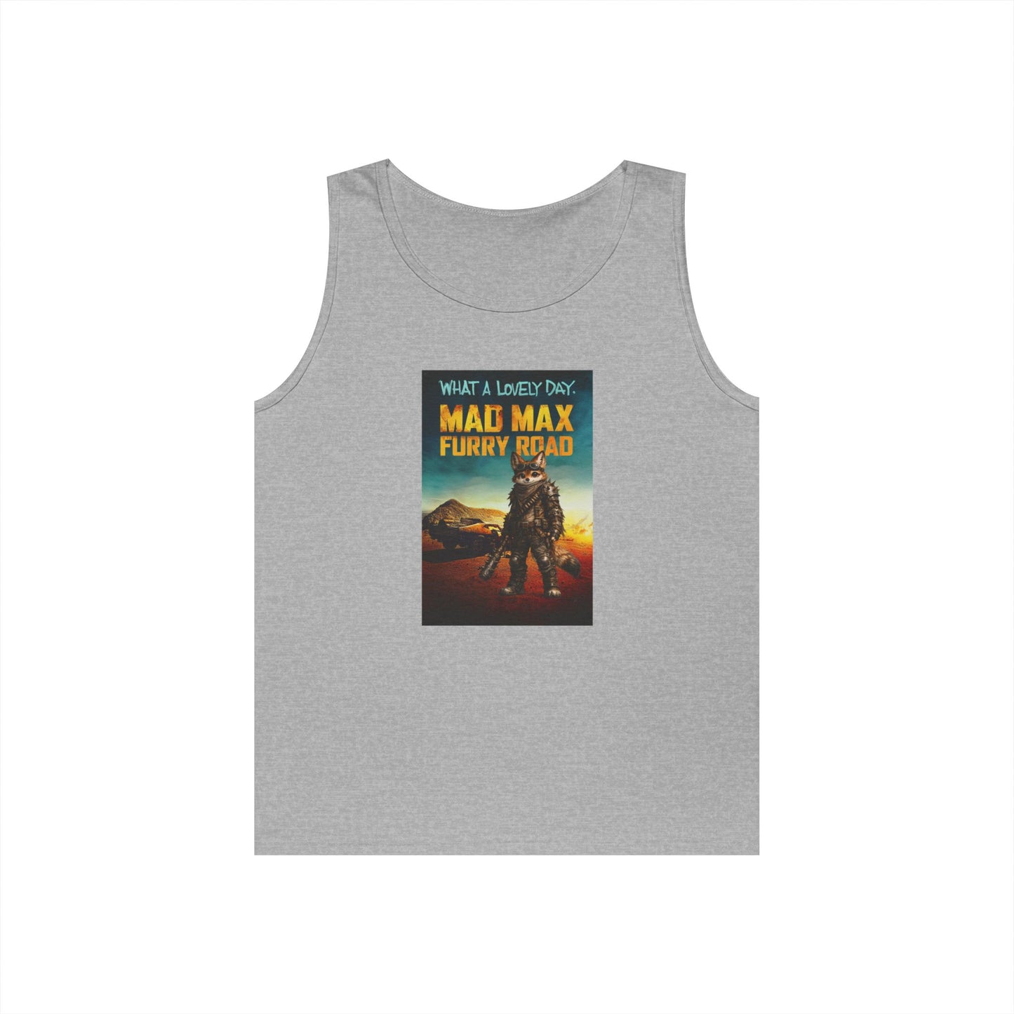 Mad Max Furry Road tank top design featuring a furry character in a funny post-apocalyptic parody poster.