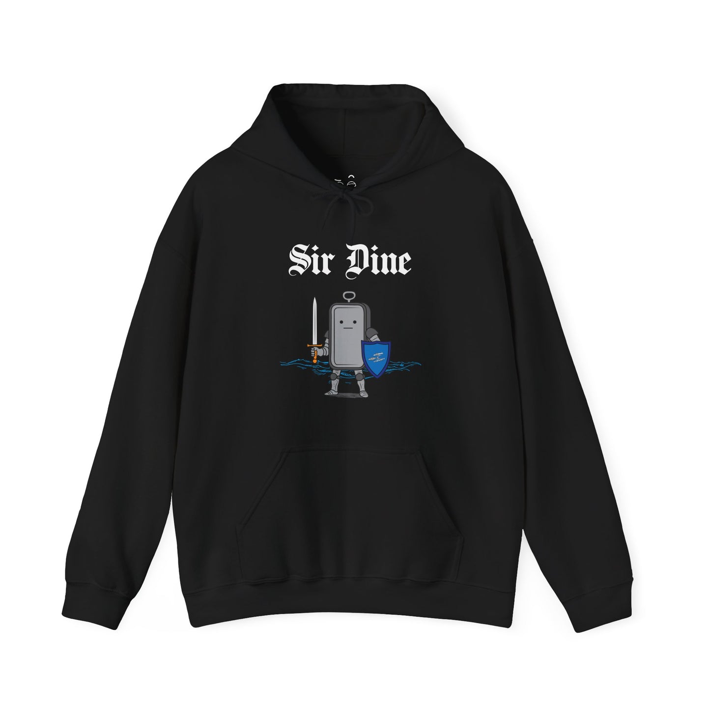 Sir Dine hoodie graphic showing a sardine can dressed as a knight in shining armor