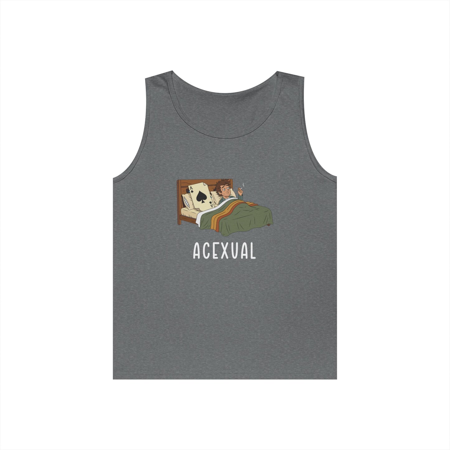 Funny Acexual tank top design showing a man lying in bed next to an Ace playing card in a humorous asexual pun illustration.