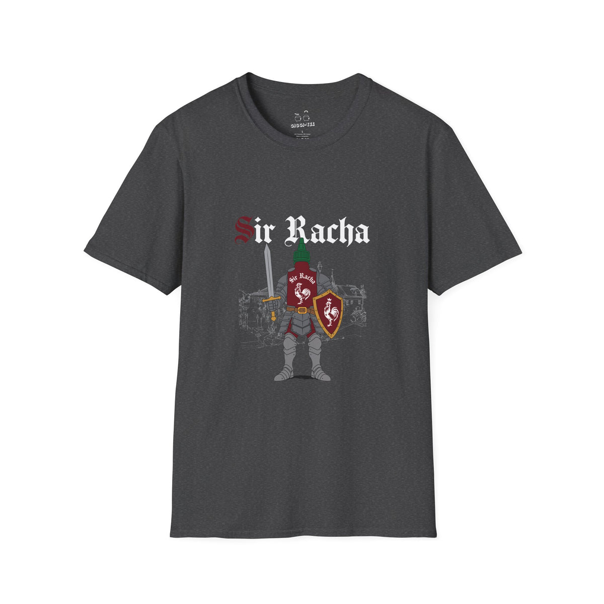 Sir Racha funny sriracha hot sauce bottle in medieval knight armor shirt