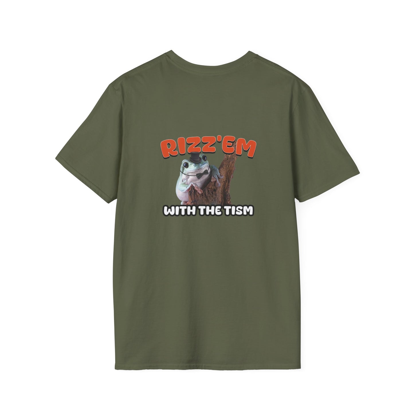 Funny autism parody back print shirt featuring a rizzed-up frog in a top hat and bow tie