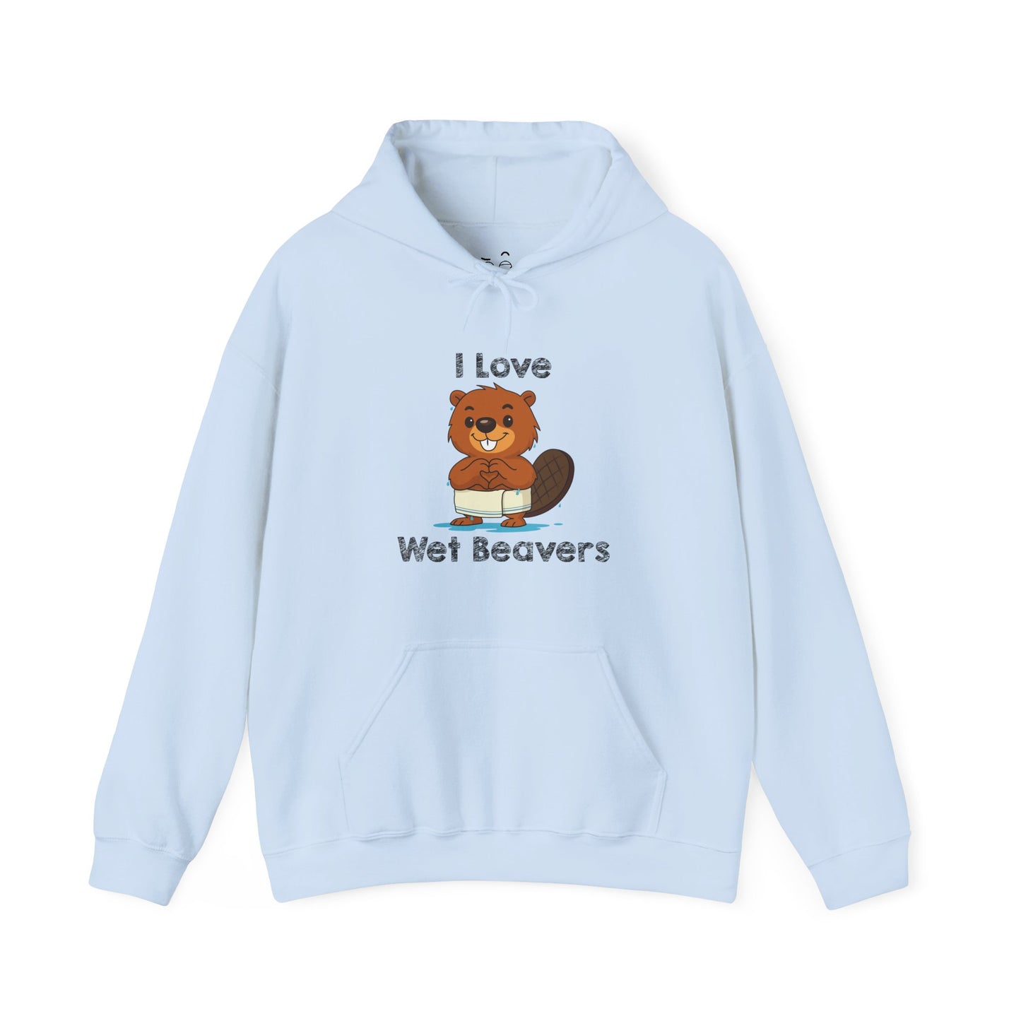 I Love Wet Beavers hoodie graphic featuring a dripping wet beaver with towel around its waist making a heart sign