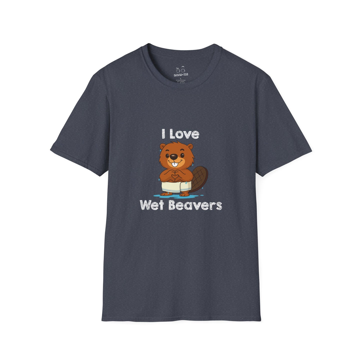 Funny beaver cartoon wearing a towel and dripping water, making a heart shape with its hands, “I Love Wet Beavers” humorous graphic design shirt