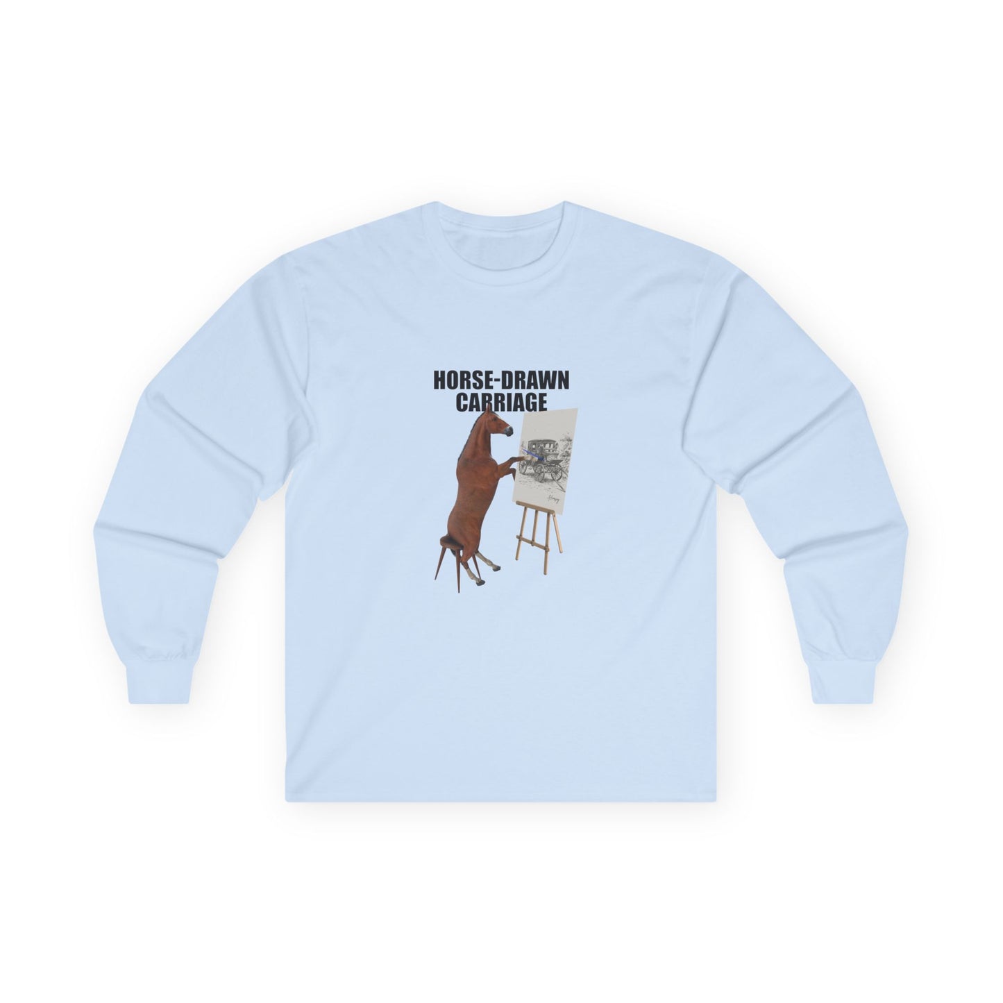 Horse sitting on a stool with a pencil, drawing a carriage on a canvas. Funny visual pun shirt on the phrase 'horse-drawn carriage'.