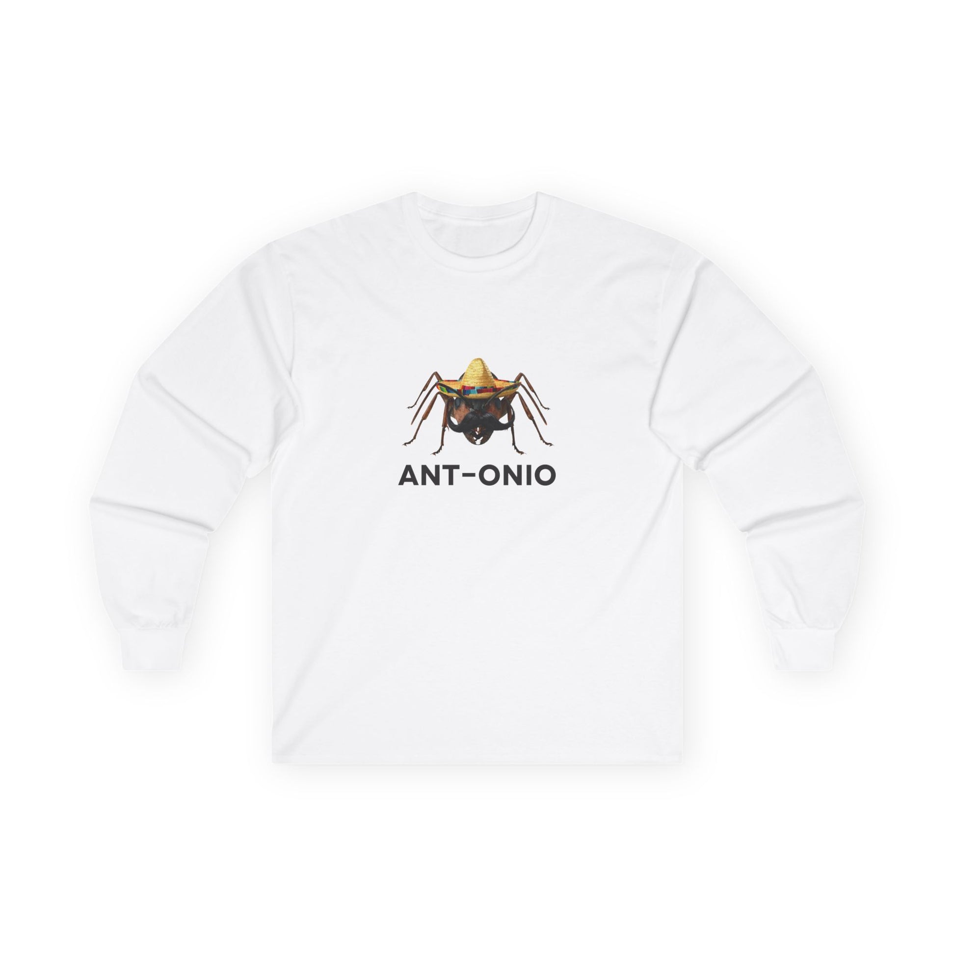 Antonio ant long sleeve shirt featuring an ant with a big mustache and sombrero. Funny Spanish name pun and animal graphic.