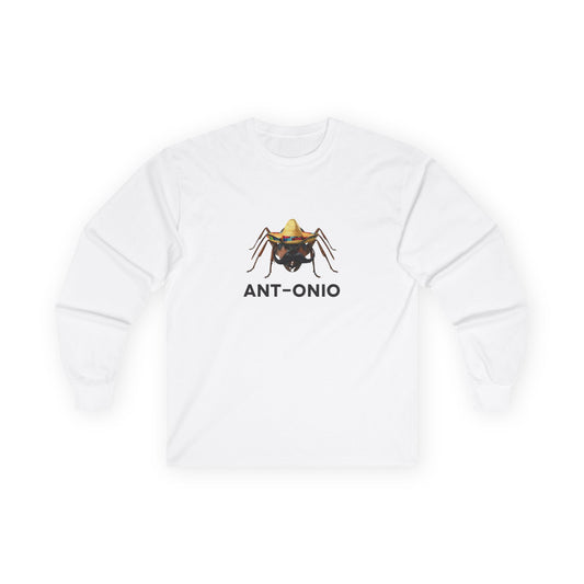 Antonio ant long sleeve shirt featuring an ant with a big mustache and sombrero. Funny Spanish name pun and animal graphic.