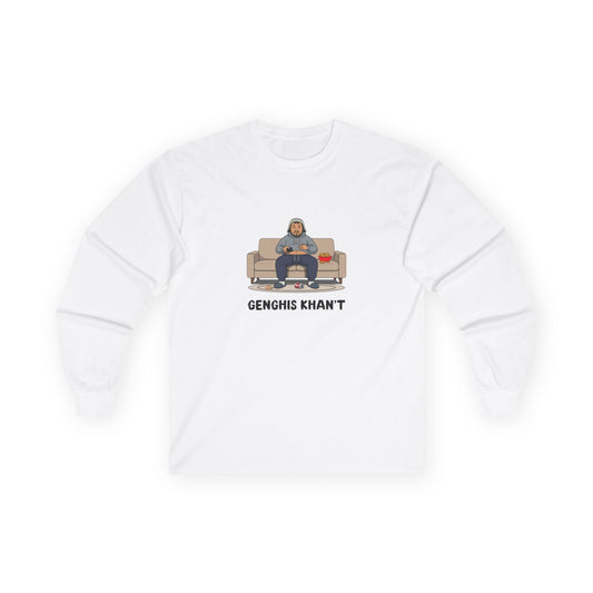 Genghis Khan't featuring Genghis Khan wearing gray sweatpants and hoodie, lounging on a couch in front of a TV, modern humorous historical parody long sleeve t-shirt design