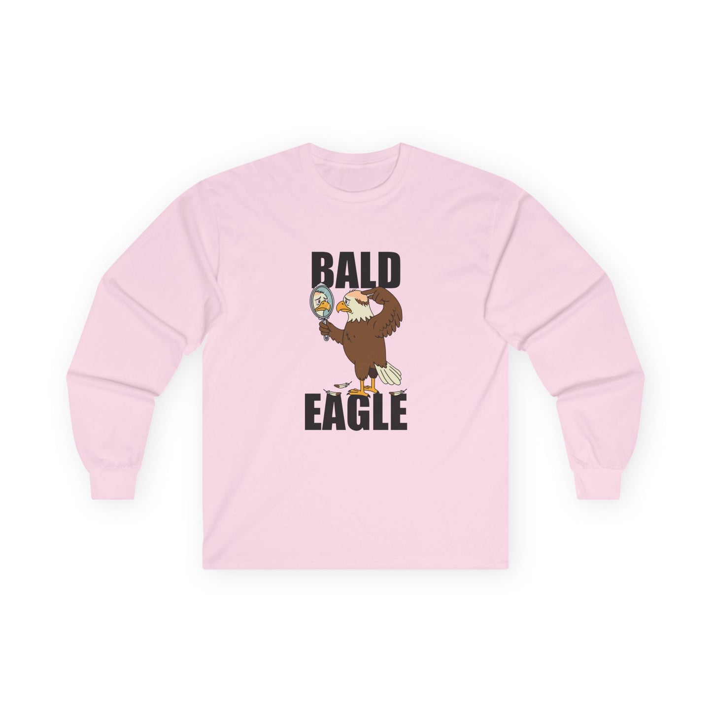 Funny Bald Eagle long sleeve shirt design with a bald eagle holding a mirror and showing a bald spot.