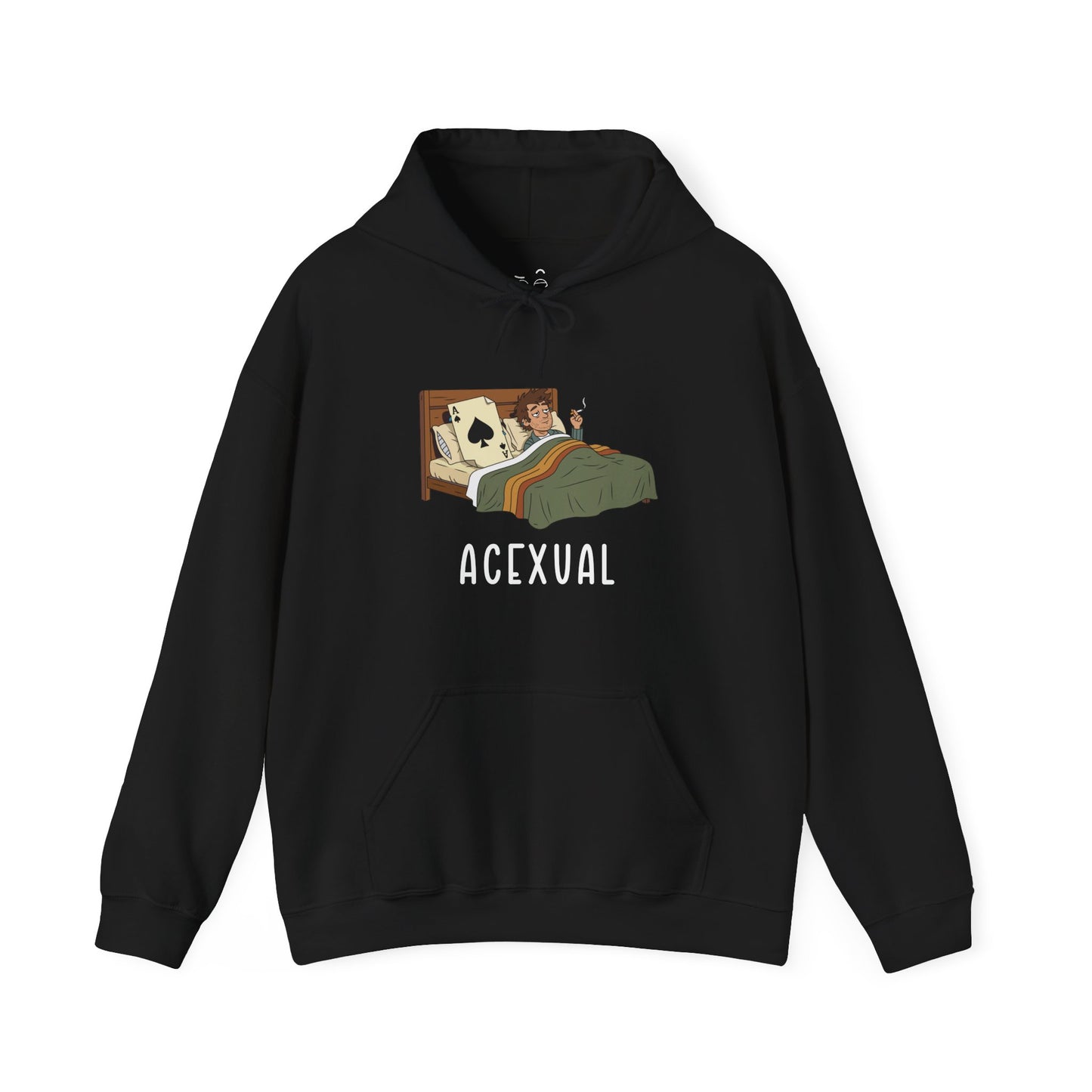 Funny Acexual hoodie design showing a man lying in bed next to an Ace playing card in a humorous asexual pun illustration.