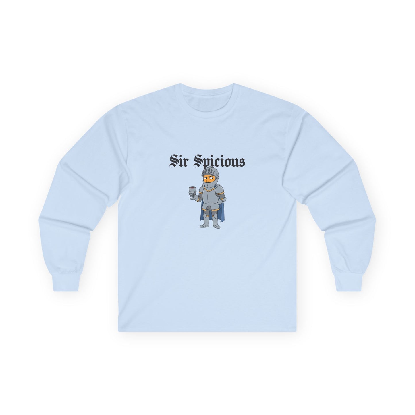 Sir Spicious funny suspicious knight graphic on a white long sleeve shirt