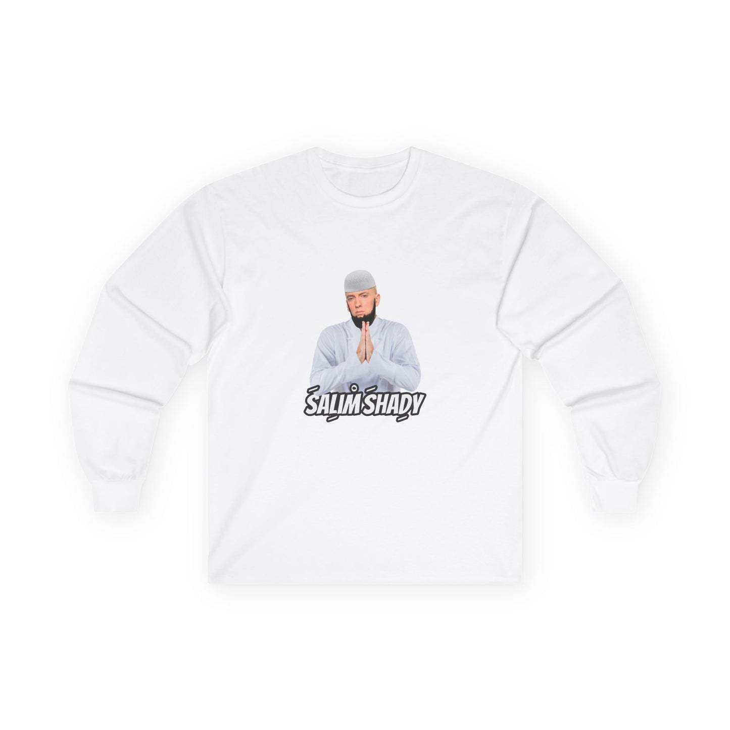 Funny Salim Shady parody long sleeve t-shirt design featuring a Slim Shady style character with an Islamic beard wearing traditional Muslim thobe attire, humorous hip-hop pun graphic.