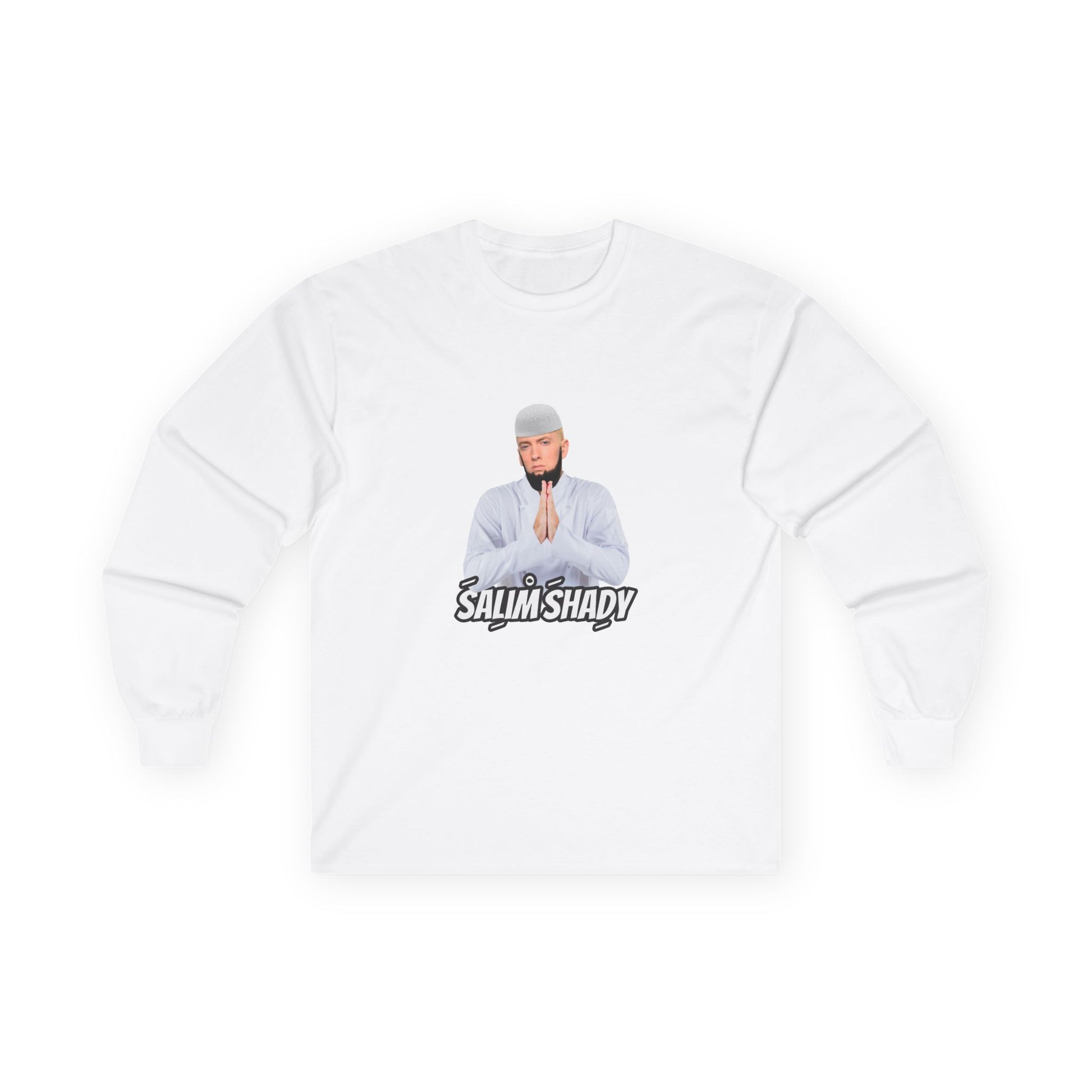 Funny Salim Shady parody long sleeve t-shirt design featuring a Slim Shady style character with an Islamic beard wearing traditional Muslim thobe attire, humorous hip-hop pun graphic.